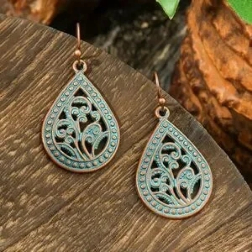 Elegant Filigree Teardrop Earrings in Blue and Bronze
